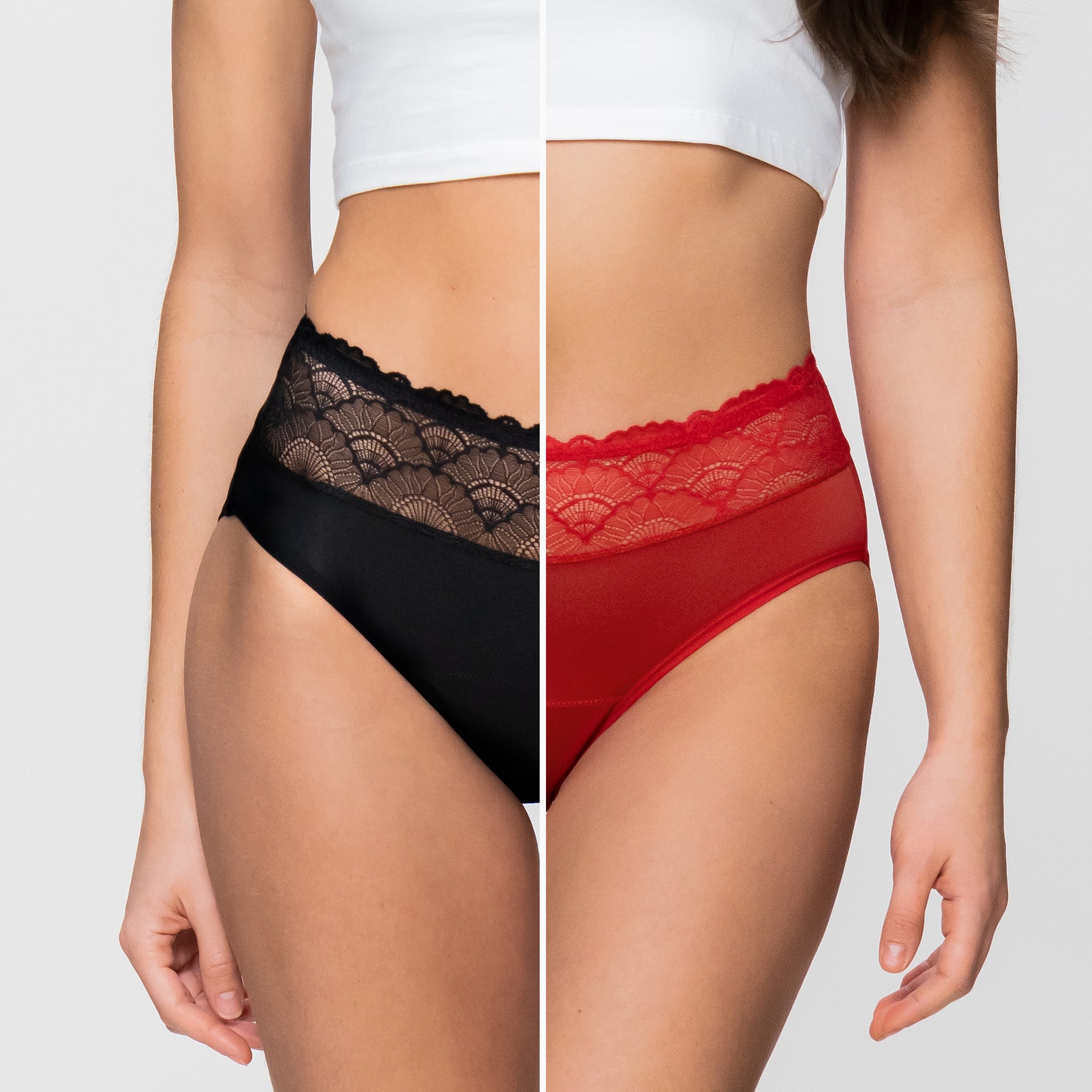Periodenpanty CLEO schwarz und rot Mix von vorne angezogen Vergleich